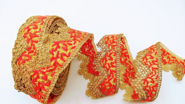 Gold Sheer Tissue Fabric Cutwork Trim with Embroidery in Gold and Orange, Scallop Trim, Fringe Trim